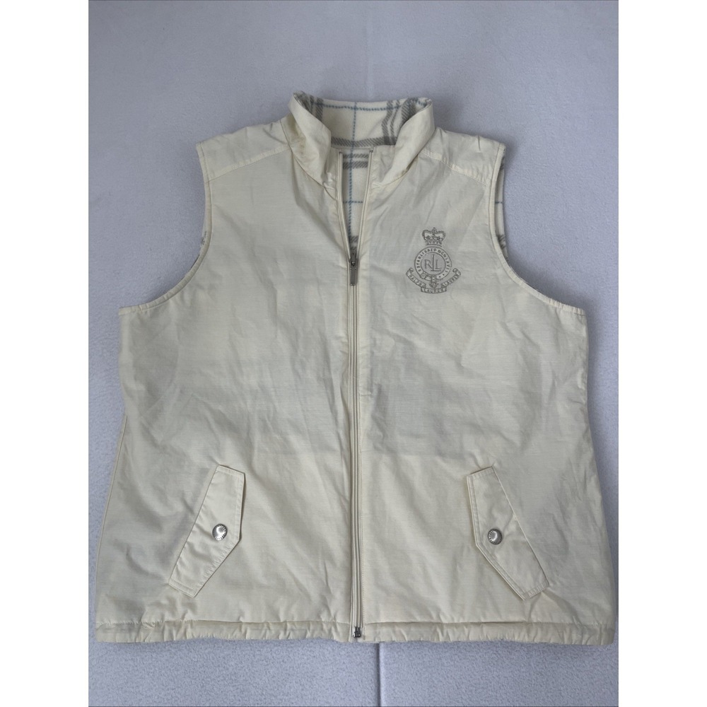 Lauren Ralph Lauren XL Plaid & Cream Beige Reversible Vest Embroidered Crest
